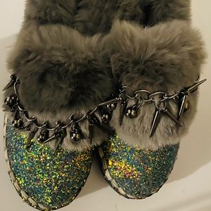 Gray furry sparkly shoes